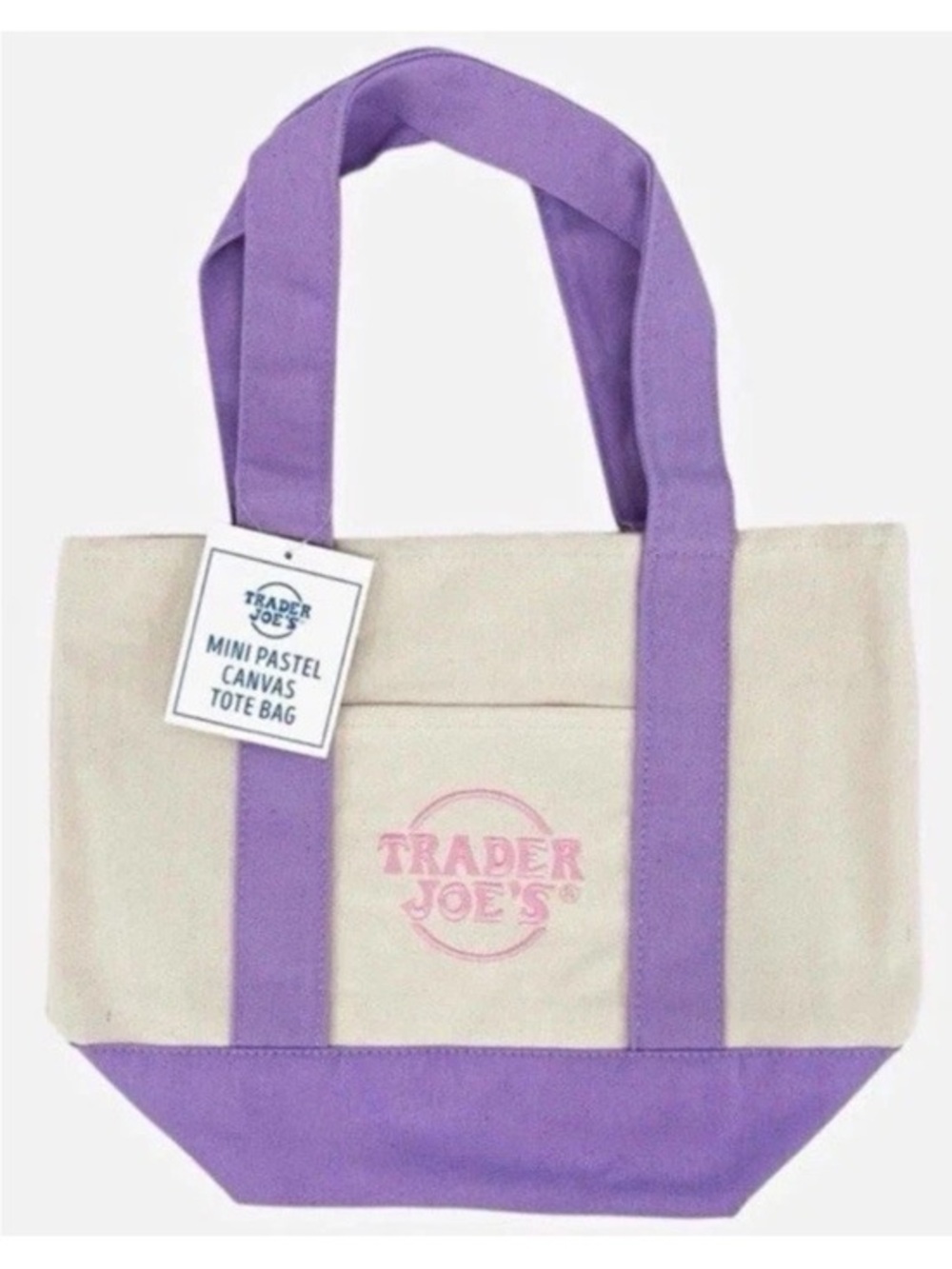 NWT, Trader Joe's mini Cream Canvas Tote with Lavender Accents. Limited edition